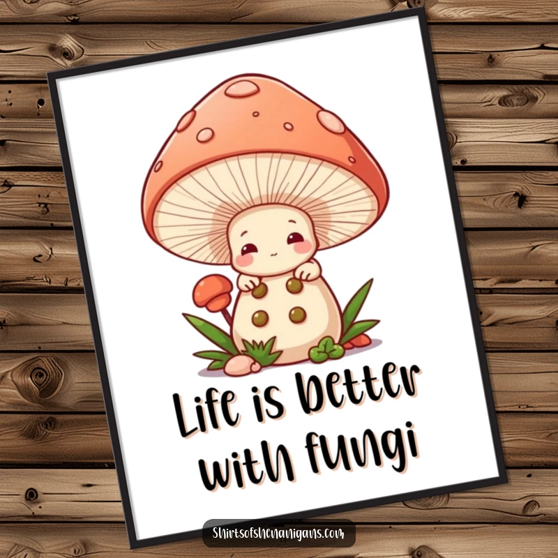 Funny Free Printable Wall Art of a shy mushroom chef peeking from a giant mushroom cap, creating a whimsical scene.