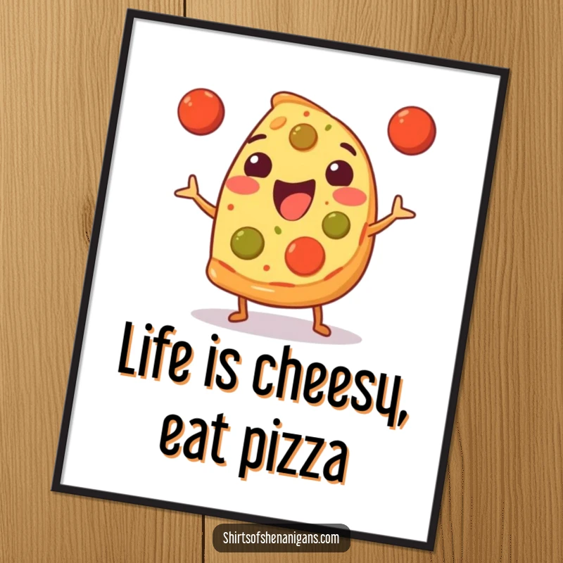 Funny Free Printable Wall Art: A happy pizza slice is expertly juggling three tiny meatballs, full of cheesy charm.