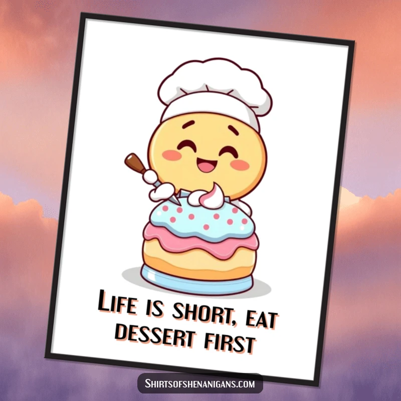 Funny Free Printable Wall Art of a giggling donut chef enthusiastically frosting a cake, adding a cheerful vibe.