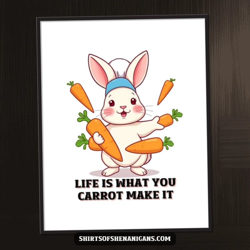 Funny Free Printable Wall Art: A rabbit in a chef hat skillfully juggles massive carrots, adding comedic flair to decor.