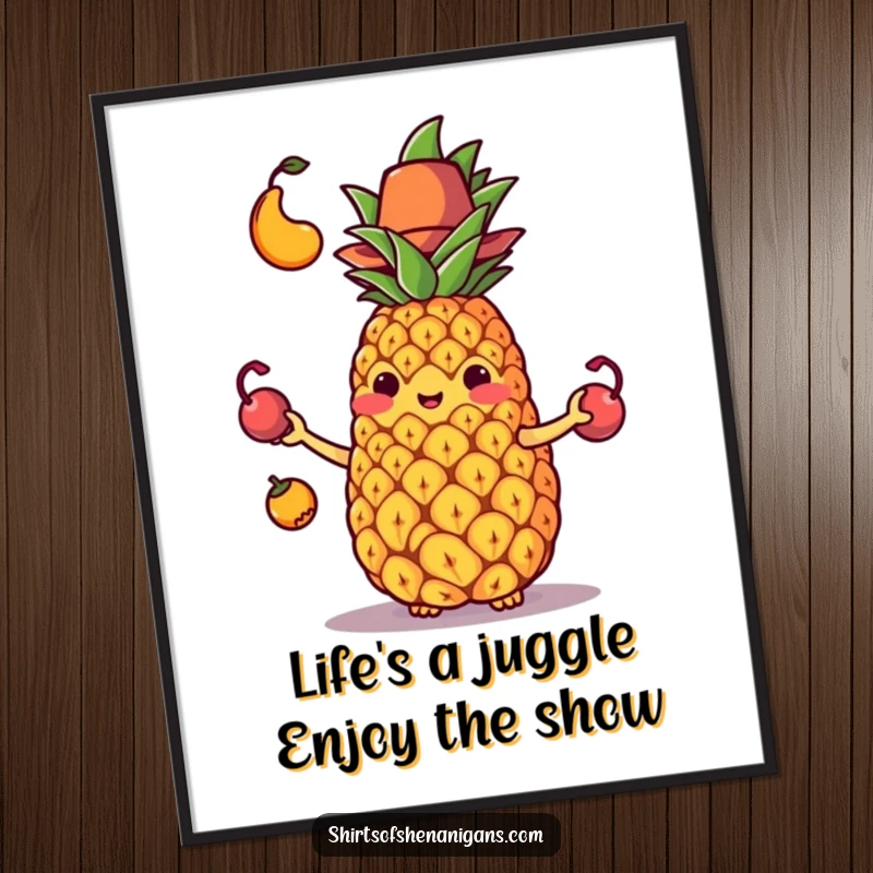 Funny Free Printable Wall Art: Juggling pineapple in hat drops fruit, creating comical chaos on your wall.