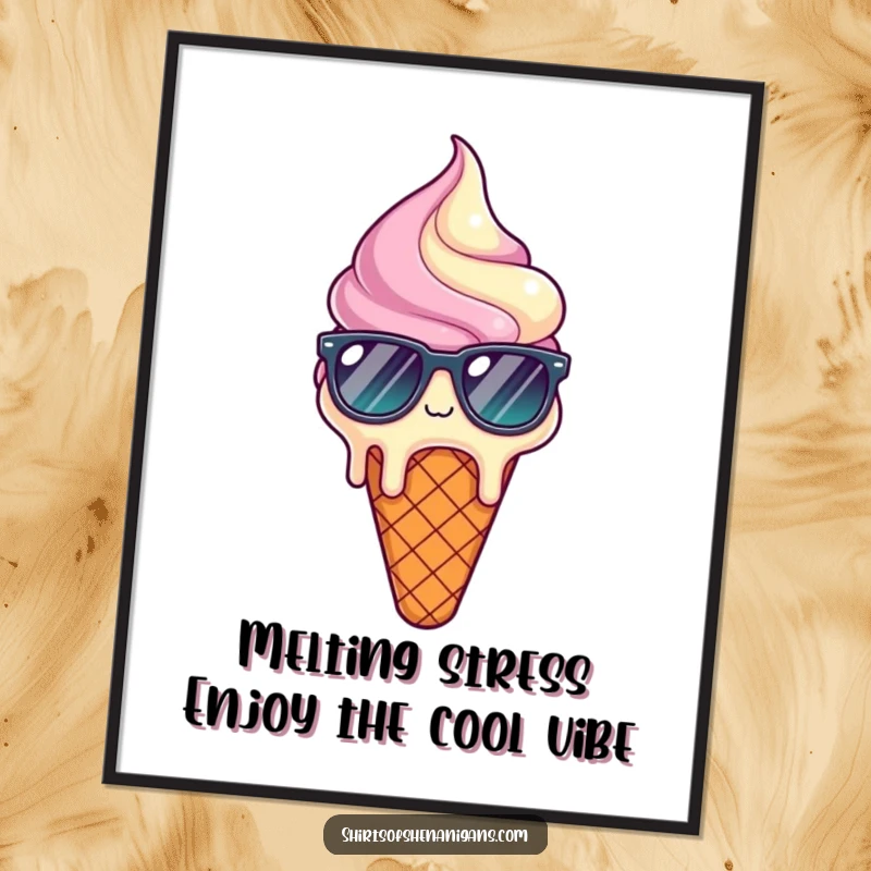 Funny Free Printable Wall Art: Melting ice cream cone in sunglasses looks relieved, adding cool humor to your decor.