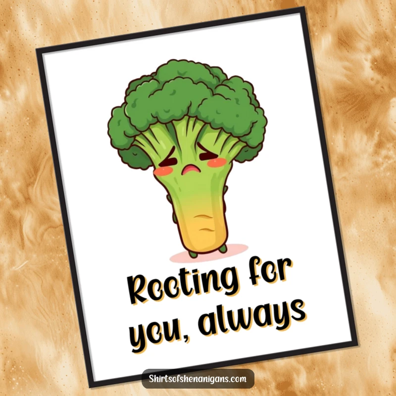 Funny Free Printable Wall Art: an embarrassed broccoli stalk hiding behind a carrot, creating a humorous visual.