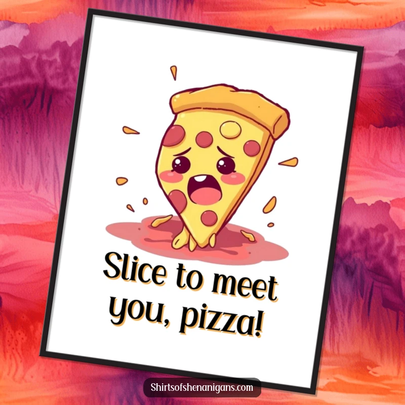 Funny Free Printable Wall Art: A bewildered pizza slice hilariously attempting to escape a hungry mouth.