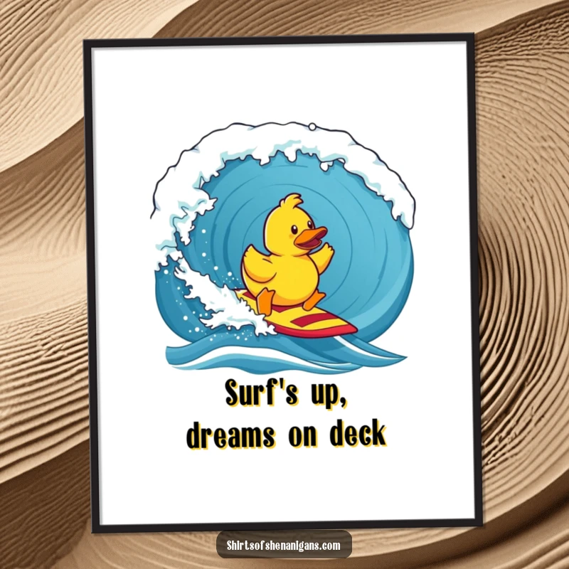 Funny free printable wall art of a determined rubber duck riding a colossal, stylized ocean wave, ready to hang.