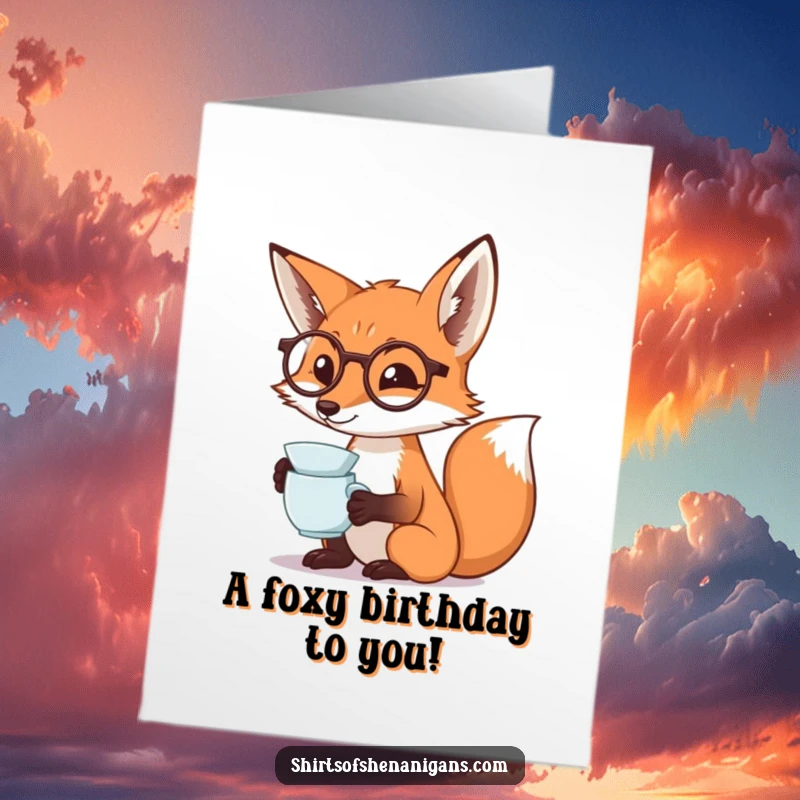 Funny Free Printable Birthday Card: A fox in a monocle dramatically sips tea, exuding birthday elegance and humor. A downloadable delight.