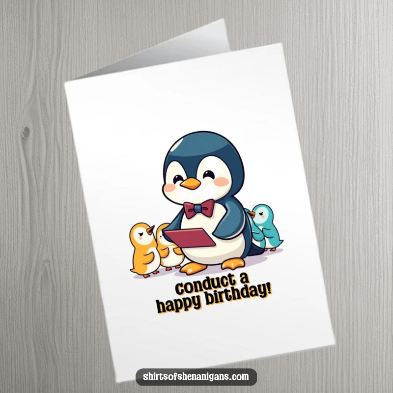 Funny Free Printable Birthday Card featuring a penguin in a bowtie attempting to conduct an orchestra of squeaks with flair.