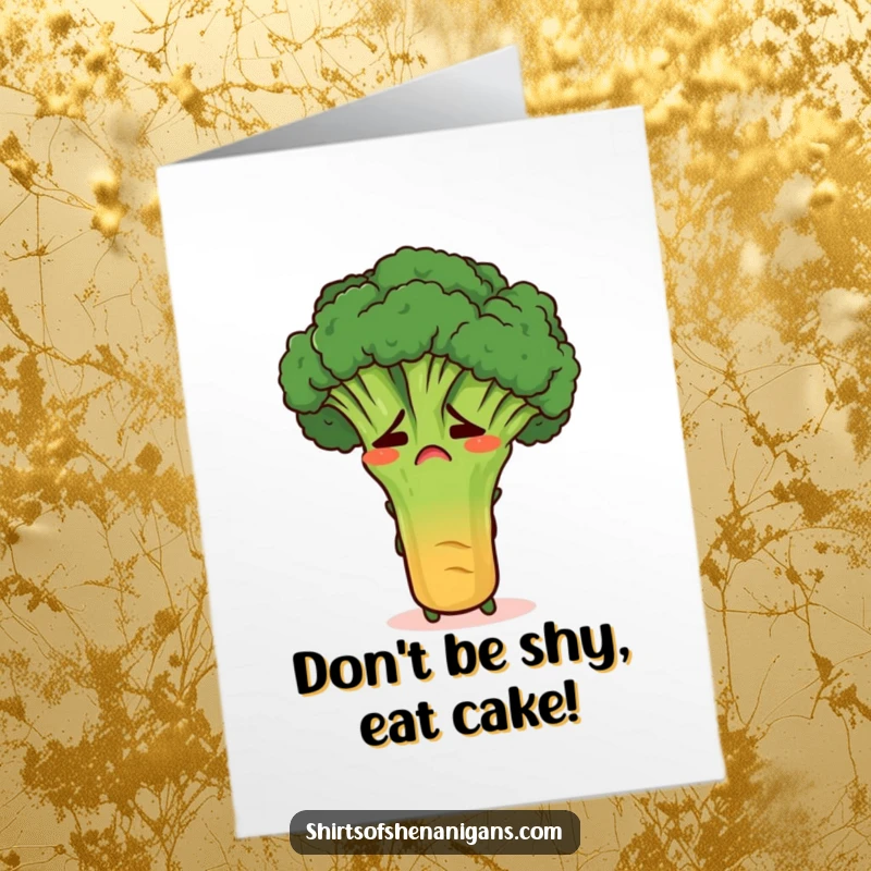 Funny Free Printable Birthday Card: embarrassed broccoli stalk hiding behind a giant carrot, delivering a comedic greeting.