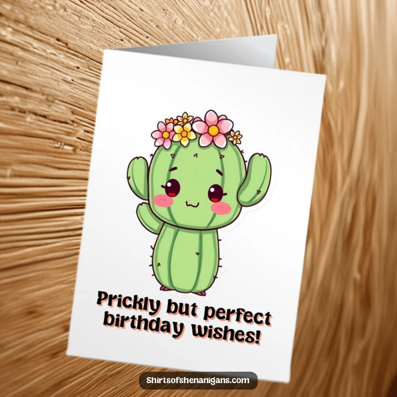 Funny Free Printable Birthday Card: Proud cactus in a flower crown posing awkwardly, ready to bring smiles.