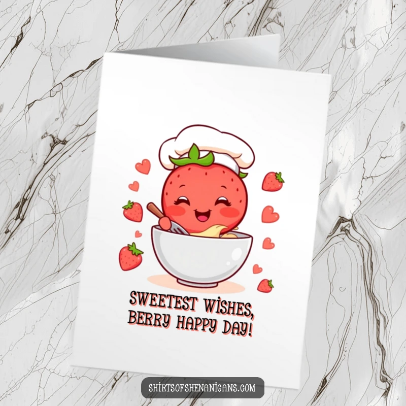 Funny Free Printable Birthday Card featuring a cheerful strawberry chef mixing batter with a big grin, ready for a sweet celebration.