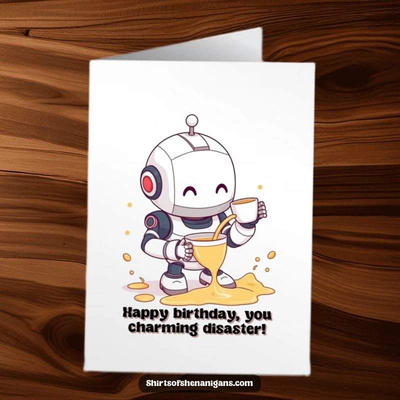 Funny Free Printable Birthday Card: Clumsy robot shyly smiling while spilling tea everywhere on a card.
