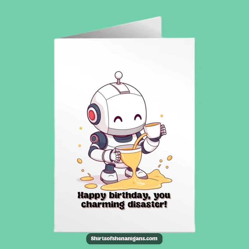 Free Printable Birthday Card: Clumsy Robot Tea Spill Funny Downloadable Gift