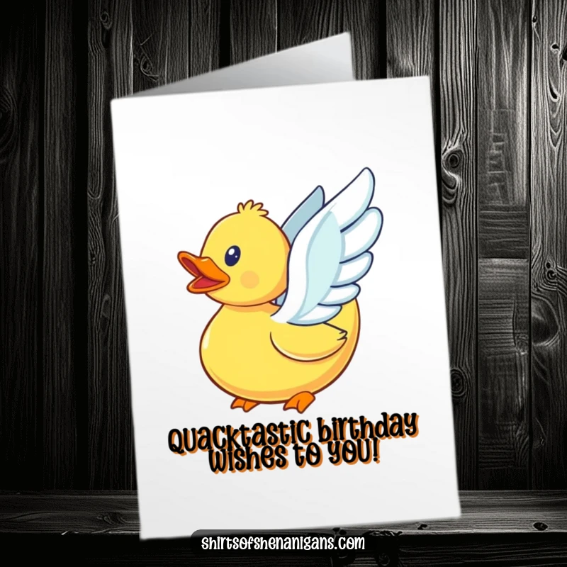 Funny Free Printable Birthday Card: A determined rubber duck flapping tiny wings, hilariously attempting to fly, perfect for birthdays.