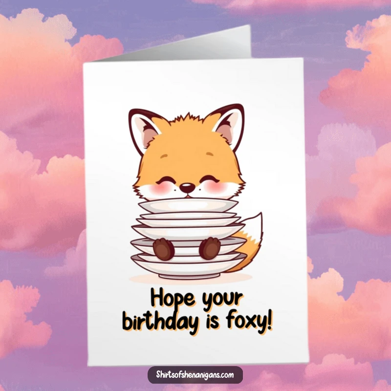 Funny Free Printable Birthday Card: Cute fox cub balancing plates on nose, whimsical, celebratory.