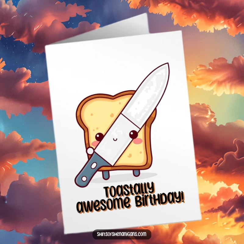 Funny Free Printable Birthday Card: Shy toast peeking from behind a giant butter knife, cute birthday greeting, DIY.