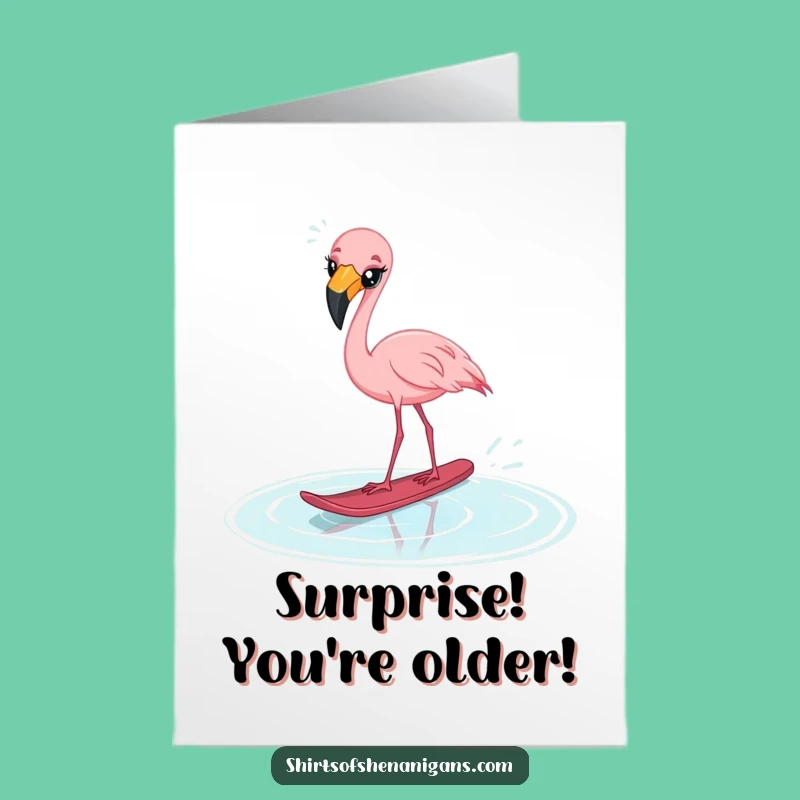 Free Printable Birthday Card: Startled Flamingo Water Ski Funny Flamingo Downloadable Gift