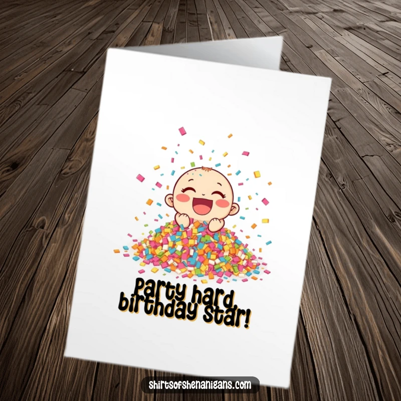 Funny Free Printable Birthday Card: Giggling pile of confetti celebrating enthusiastically, festive and joyful. DIY humor.
