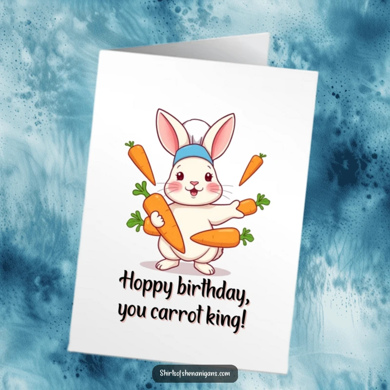 Funny Free Printable Birthday Card: A rabbit in a chef hat impressively juggles enormous carrots, wishing a happy birthday.