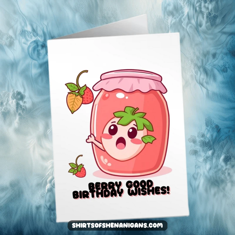 Funny Free Printable Birthday Card: A surprised strawberry tries to escape from a giant, clear jam jar with a comical expression.