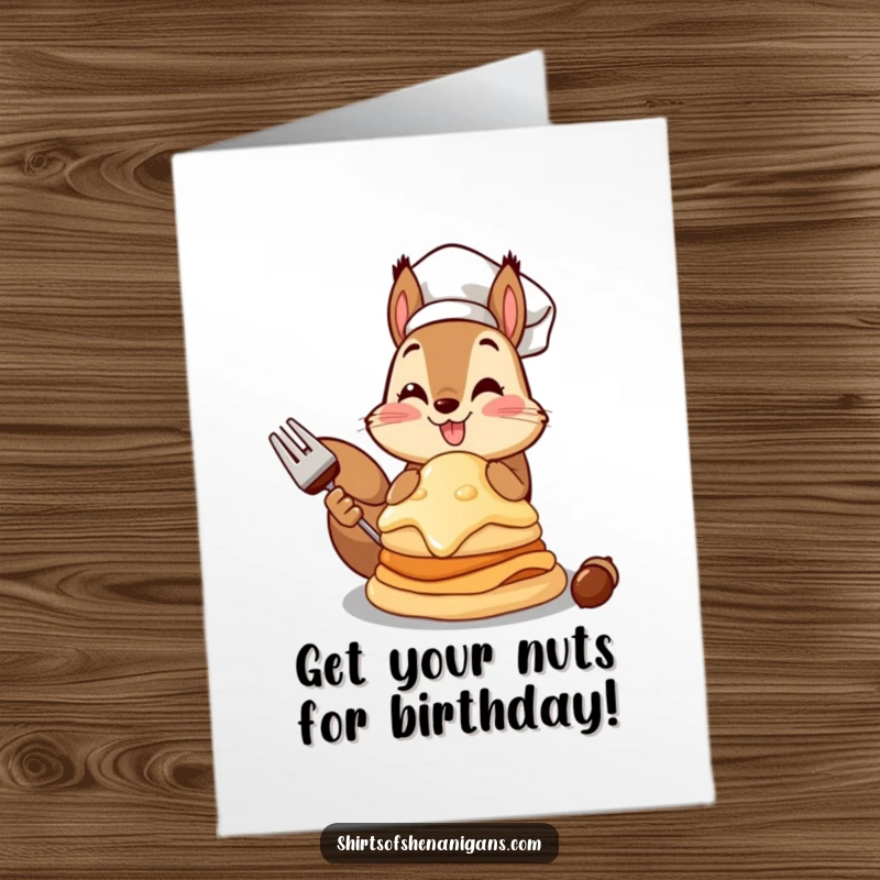 Funny Free Printable Birthday Card featuring a proud squirrel chef holding a massive acorn pancake, a delightful treat for any celebration.