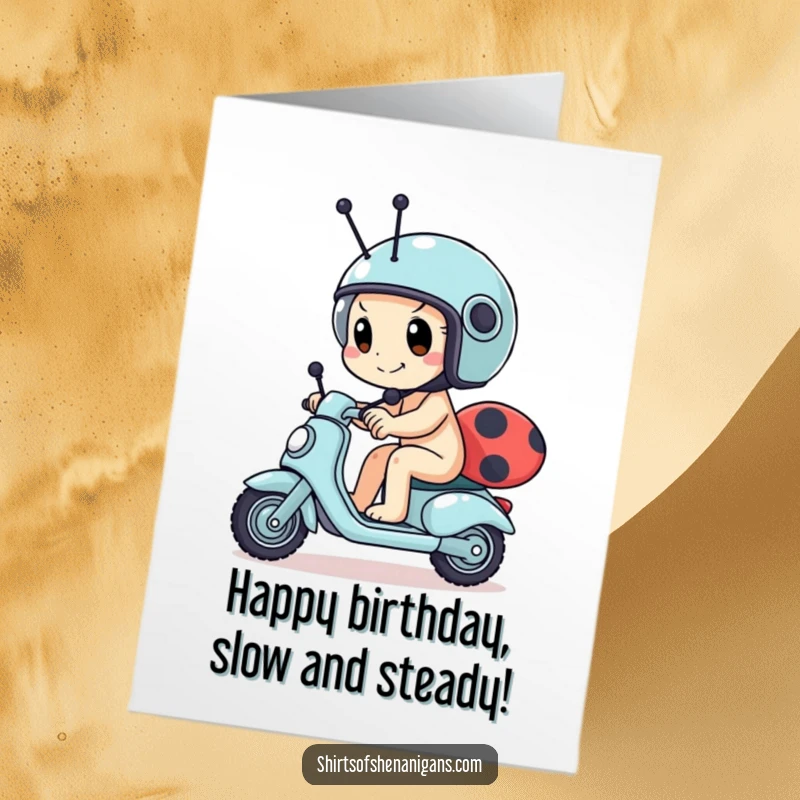 Funny Free Printable Birthday Card: Determined snail with a helmet racing a ladybug scooter on a birthday card.
