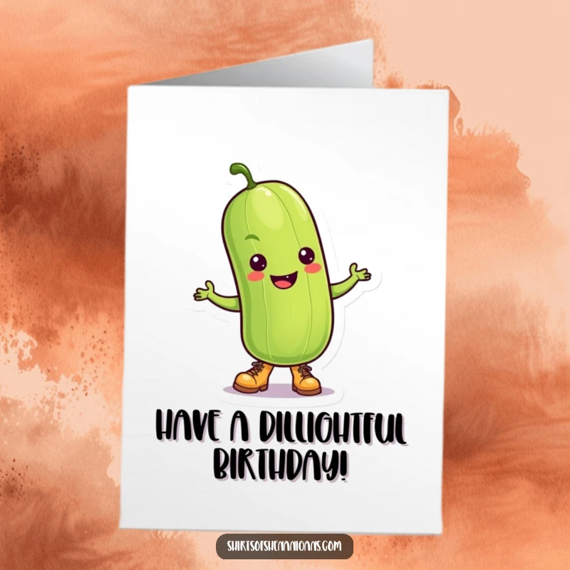 Funny Free Printable Birthday Card: A cheerful pickle wearing tiny cowboy boots is energetically dancing, radiating pure fun and happiness.