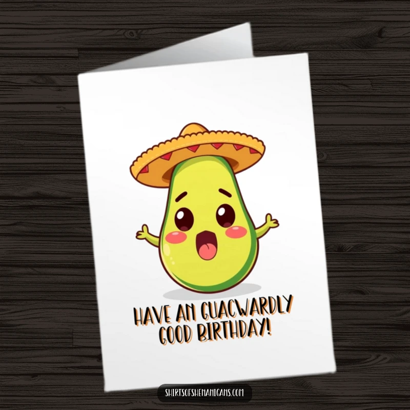 Funny Free Printable Birthday Card: Surprised avocado sporting a tiny sombrero, ready to deliver birthday wishes with a festive flair.