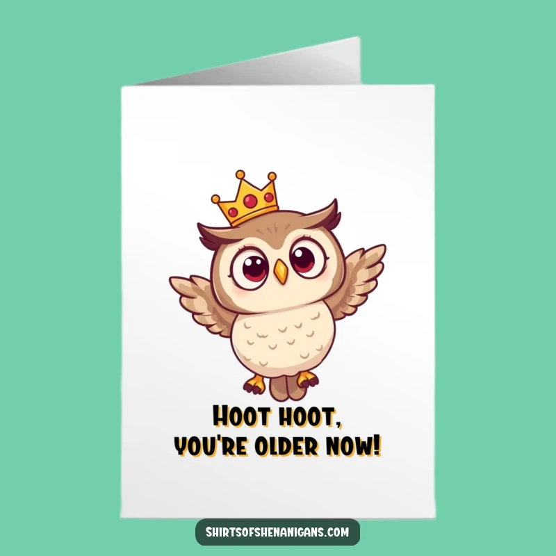 Free Printable Funny Birthday Card: Surprised Owl Crown Flying - DIY Downloadable Gift