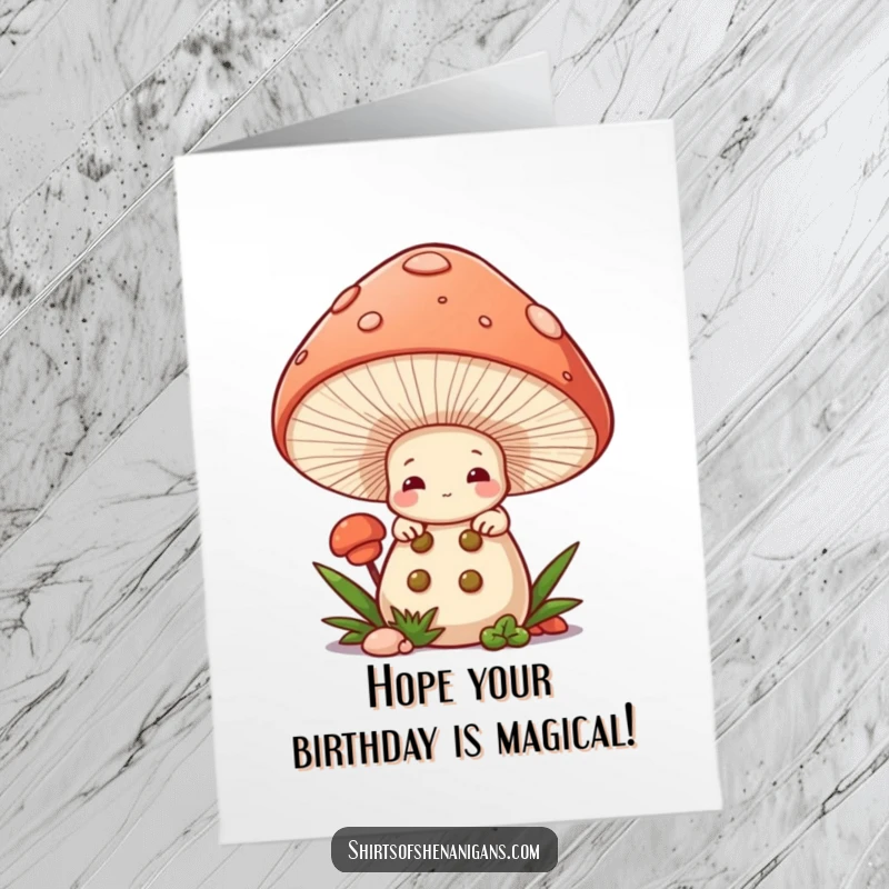 Funny Free Printable Birthday Card of a shy mushroom chef peeking out from under a giant mushroom cap with big eyes.