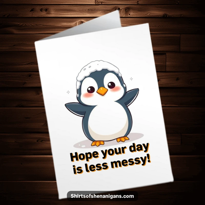 Funny Free Printable Birthday Card: Clumsy penguin covered in flour, looking bewildered after a baking mishap.