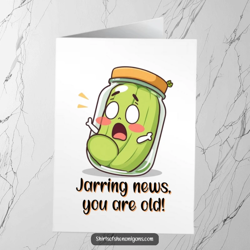 Funny Free Printable Birthday Card: Shocked pickle lunging from jar, a comical scene for a memorable greeting.
