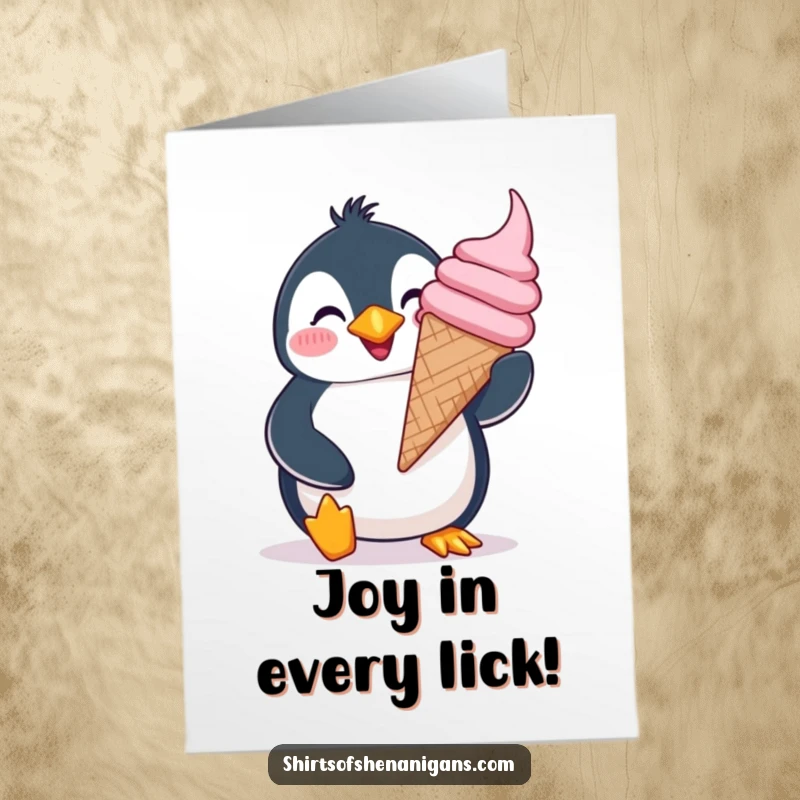 Funny Free Printable Birthday Card: Giddy penguin with silly grin balancing giant ice cream, perfect for birthday joy, DIY.