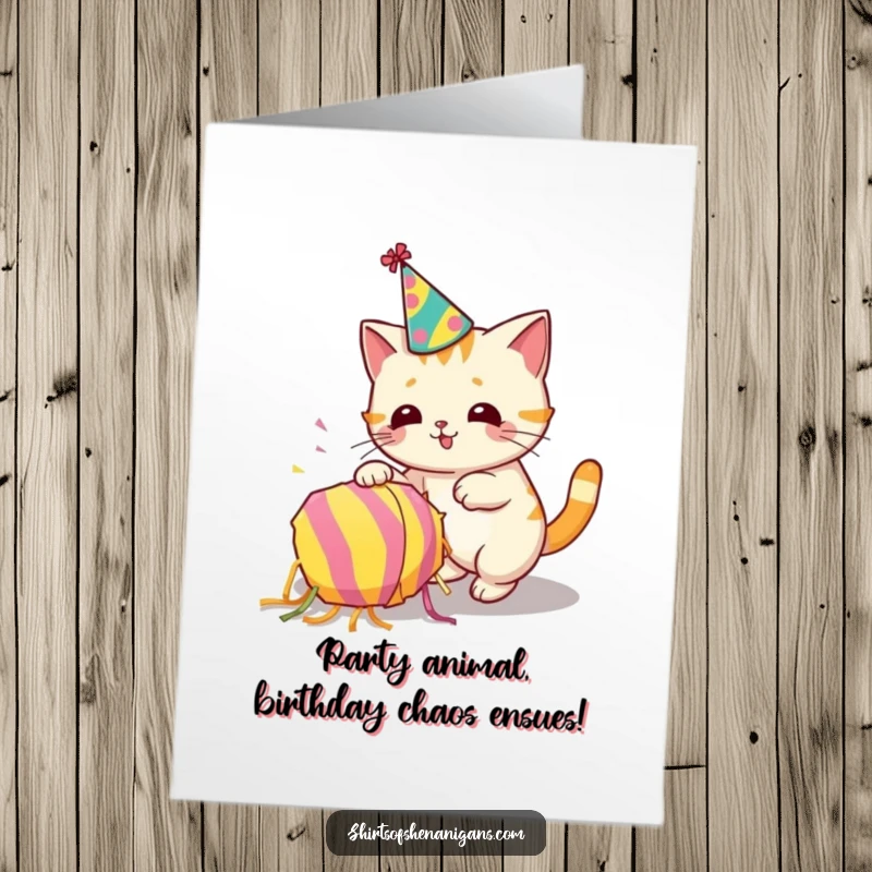 Funny free printable birthday card showing a cat in a party hat accidentally knocking over a piñata in a chaotic mess.