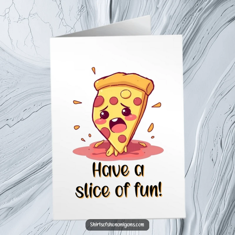 Funny Free Printable Birthday Card: A pizza slice trying to escape a hungry mouth, celebrating humorously.