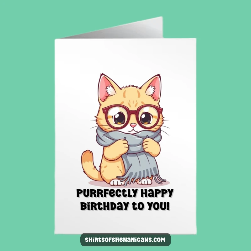 Free Printable Birthday Card: Cat Knits Giant Scarf for Birthday Fun