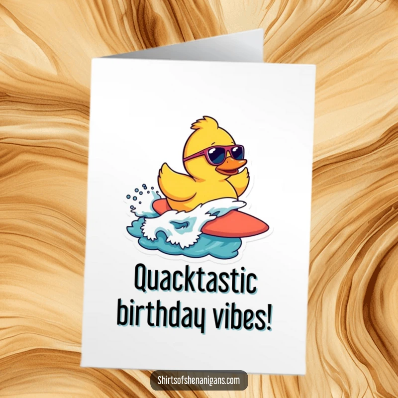 Funny Free Printable Birthday Card featuring a rubber duck in sunglasses attempting to surf a wave with cool, laid-back style.