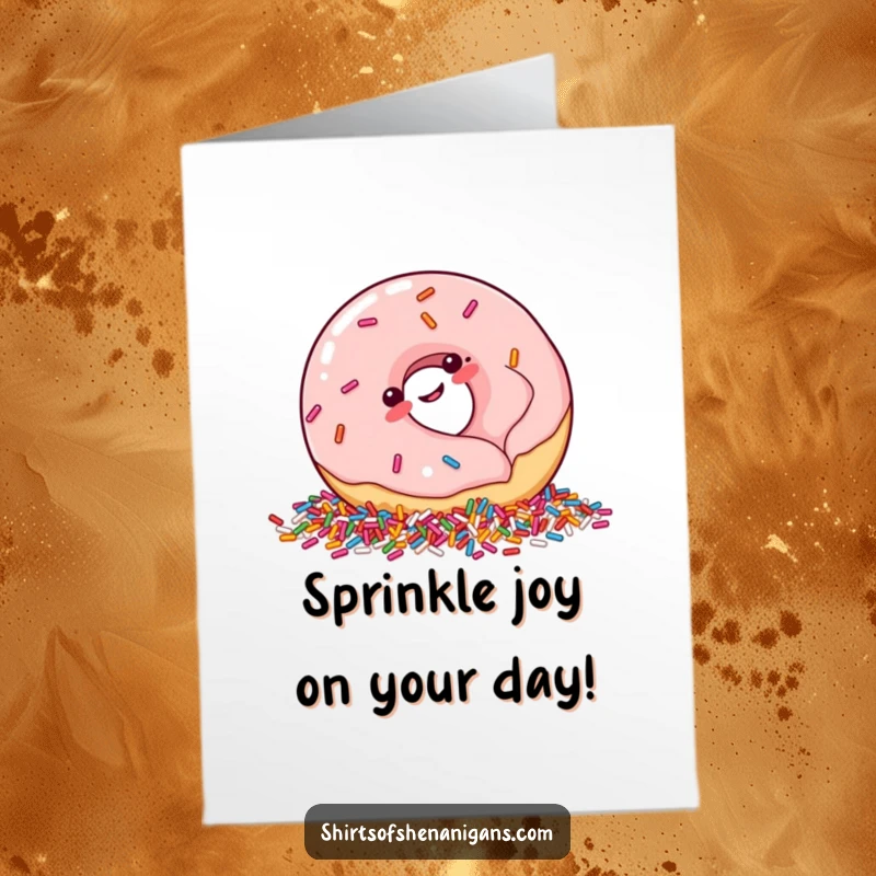 Funny Free Printable Birthday Card featuring a plump, giggling donut rolling joyfully into a colorful pile of sprinkles.