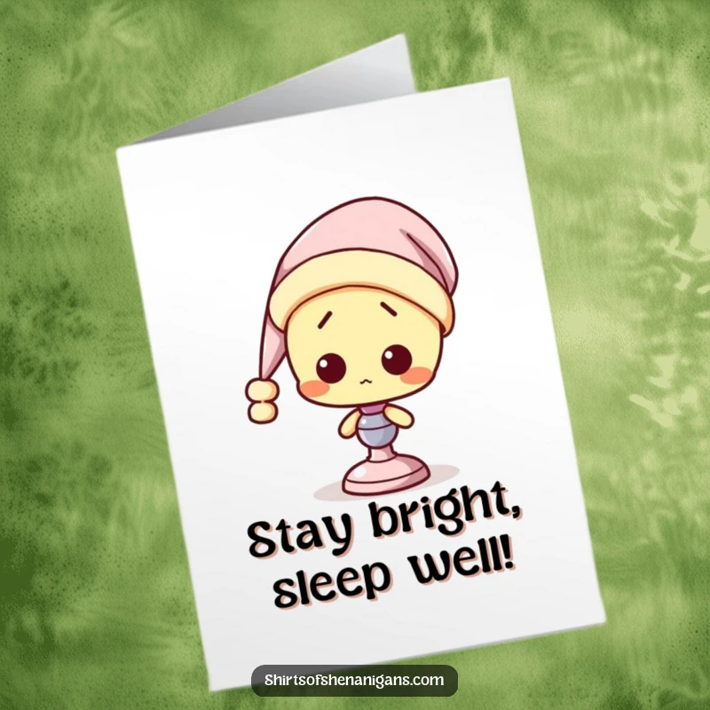 Funny Free Printable Birthday Card: A confused-looking bedside lamp wearing a blue nightcap is slightly bewildered, perfect for a birthday wish.