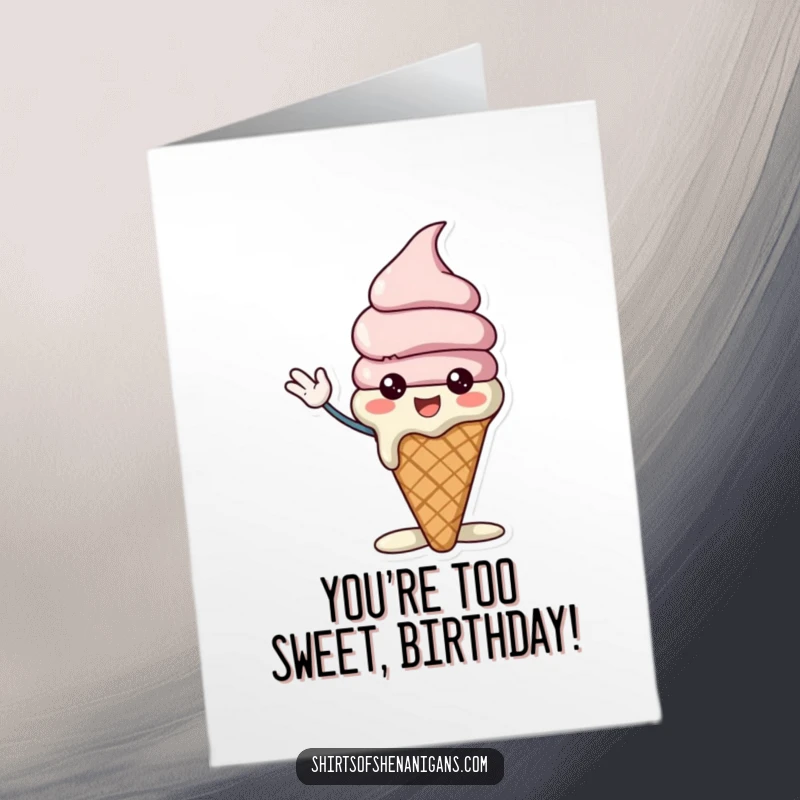 Funny Free Printable Birthday Card: Cheerful melting ice cream cone waving excitedly to celebrate a birthday.