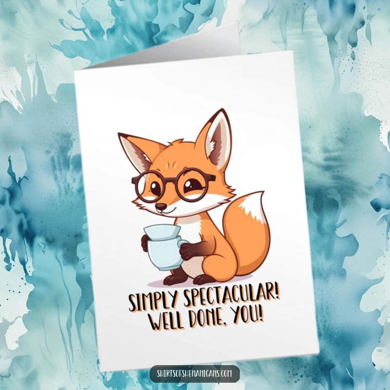 Funny Free Printable Congrats Card: A fox sporting a monocle dramatically sips tea, signifying a grand achievement. A downloadable congratulatory toast.