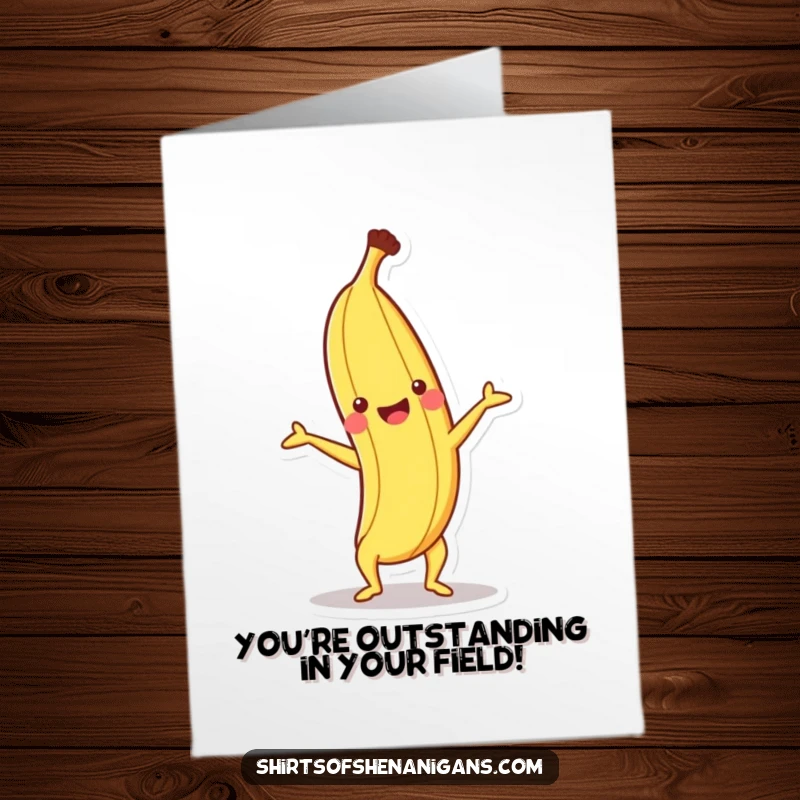 Funny Free Printable Congratulations Card: Happy banana doing a handstand, celebrating a successful and balanced achievement.