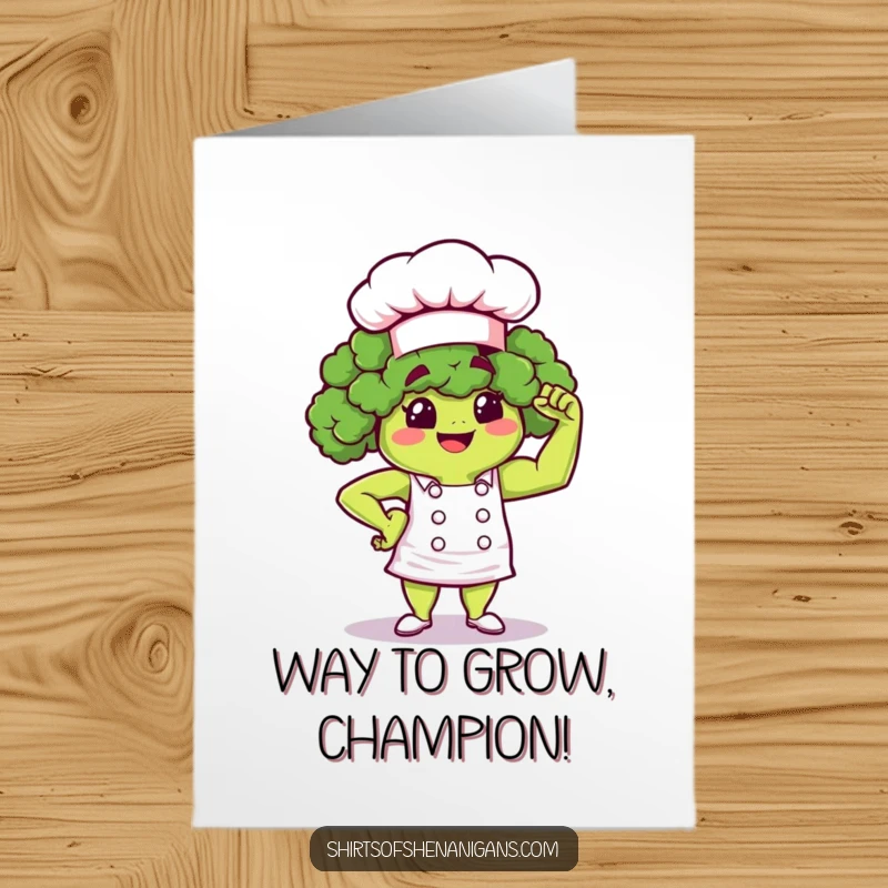 Funny Free Printable Congrats Card of a proud broccoli chef flexing a tiny muscle, celebrating a healthy accomplishment.