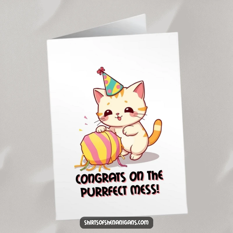 Funny free printable congratulations card featuring a cat in a party hat causing chaos by knocking over a piñata.