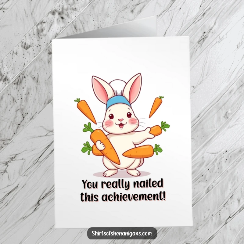 Funny Free Printable Congrats Card: A chef rabbit juggles oversized carrots, celebrating a skillful accomplishment with humor.