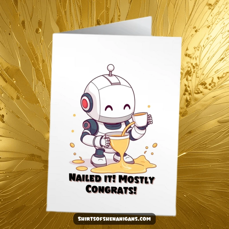 Funny Free Printable Congratulations Card: Clumsy robot with a shy smile, spilling tea in a celebratory mess.