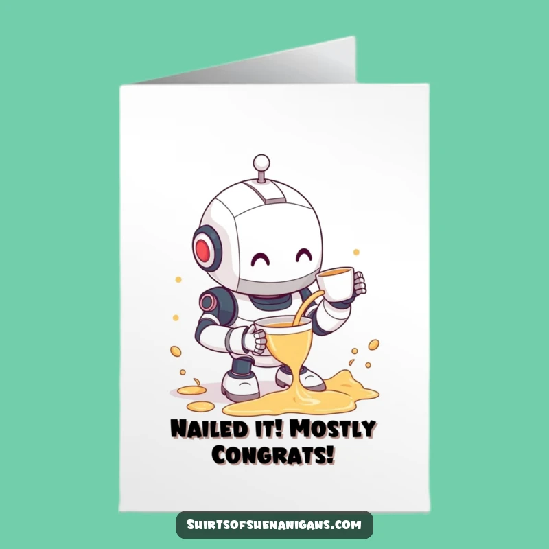 Free Printable Congrats Card: Clumsy Robot Tea Spill Funny Downloadable Gift