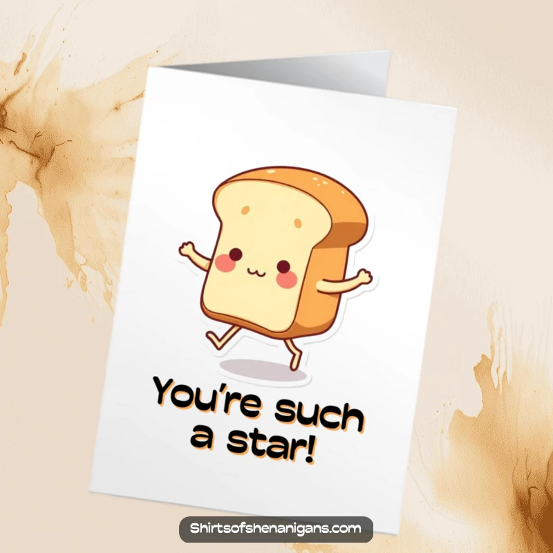 Funny Free Printable Congratulations Card: a dancing loaf of bread with tiny legs celebrating an achievement.
