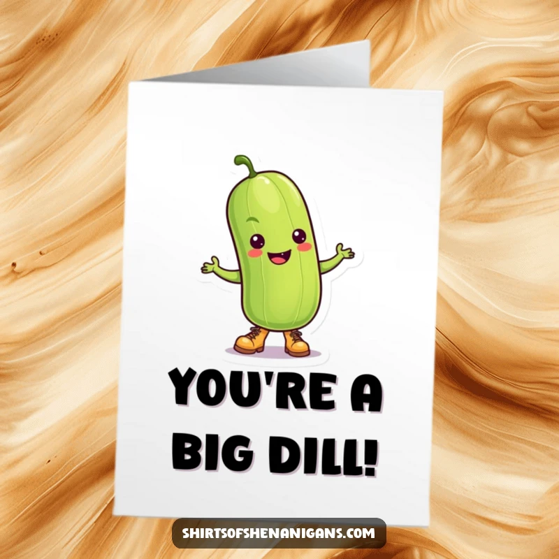 Funny Free Printable Congratulations Card: A happy pickle sporting tiny boots is captured mid-dance, celebrating a big win with infectious energy.