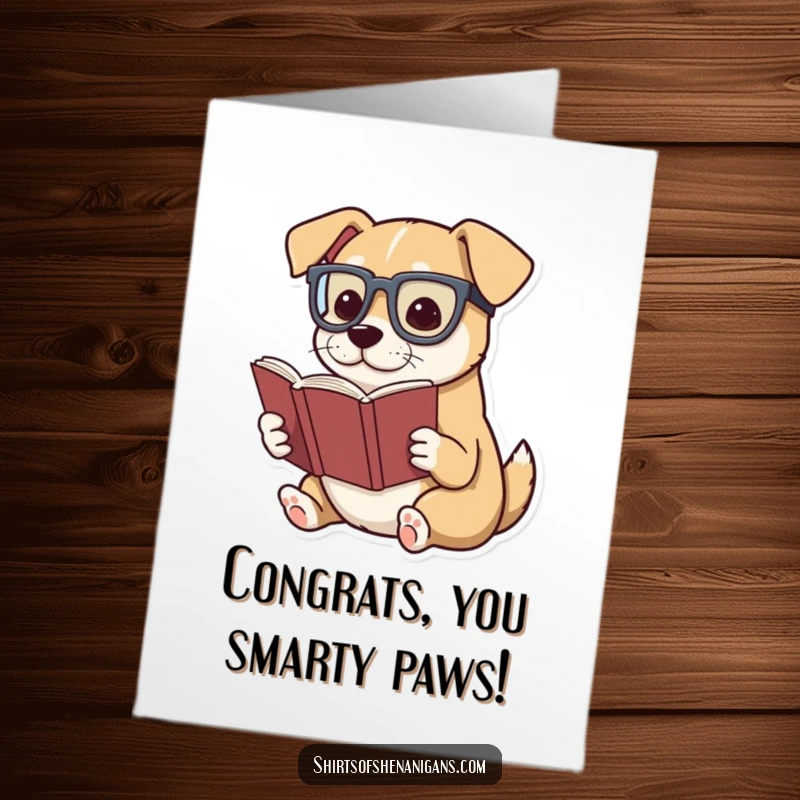 Funny free printable congratulations card showing a dog wearing glasses, dramatically reading a tiny book to celebrate an achievement.