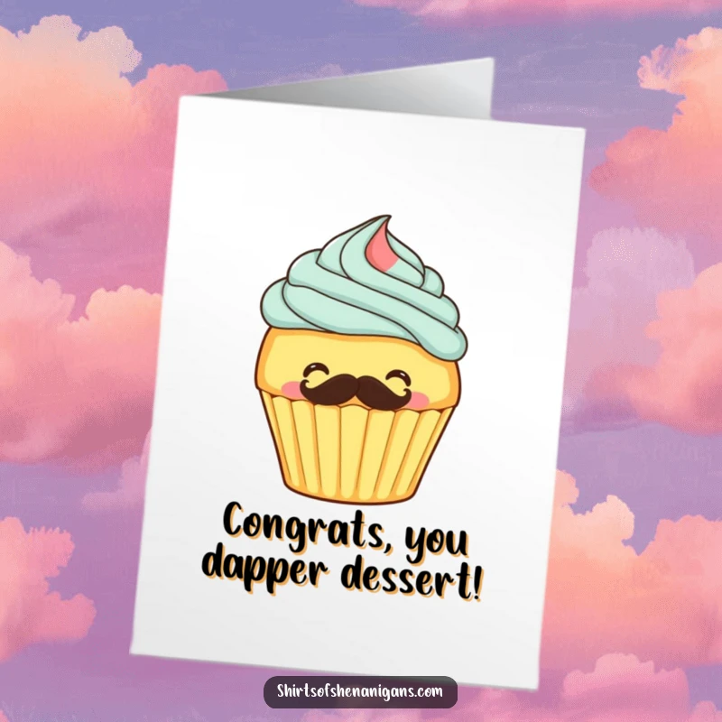 Funny free printable congratulations card showing a giggling cupcake frosting a mustache onto itself, celebrating with playfulness.